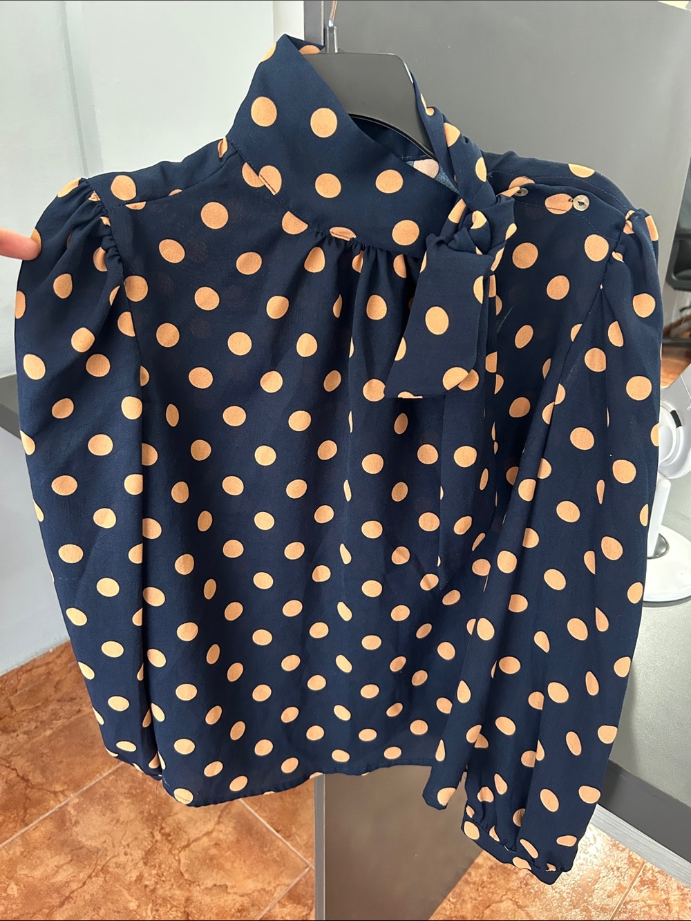 Roommates Navy Blue Blouse with Beige Polka Dots